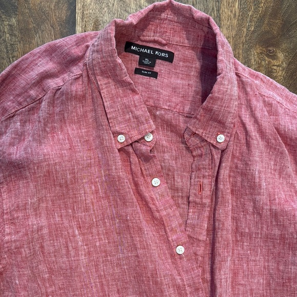 Men's Used Once MICHAEL KORS Pink Red Linen Shirt XL slim - Picture 3 of 7
